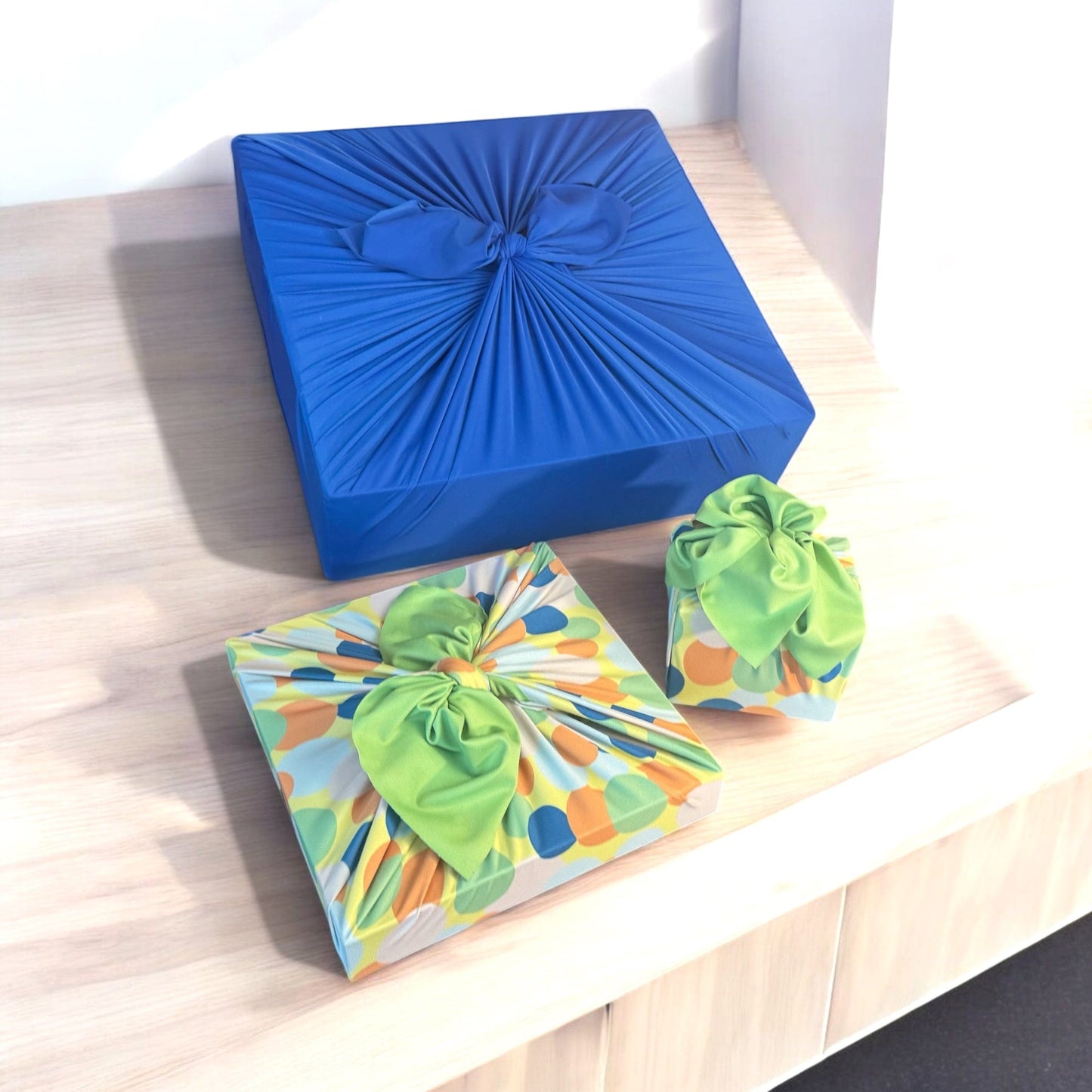 Set of 3 (S, L, XL) Reusable Cloth Furoshiki Gift Wrap | Polka Dot & Deep Blue-2